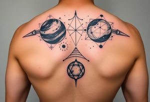 arm sleeve, outer space, planets, geometric patterns, string theory tattoo idea