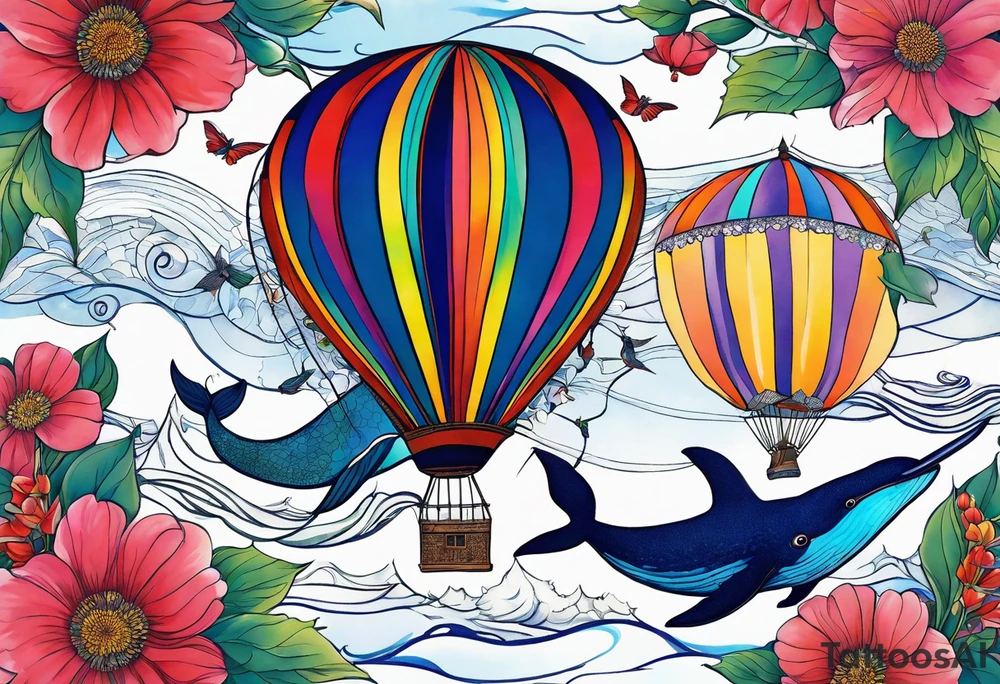 Surrealism, blue whale, hummingbird, hot air balloon, flowers, bold color, collage tattoo idea