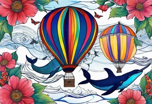 Surrealism, blue whale, hummingbird, hot air balloon, flowers, bold color, collage tattoo idea