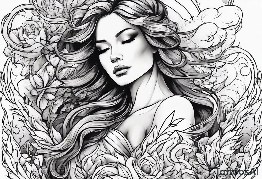 Resurrection Beautiful Woman walking through fire and chaos to inner peace and self-love  ethereal tattoo idea