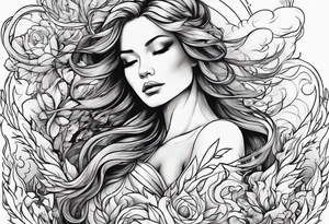 Resurrection Beautiful Woman walking through fire and chaos to inner peace and self-love  ethereal tattoo idea
