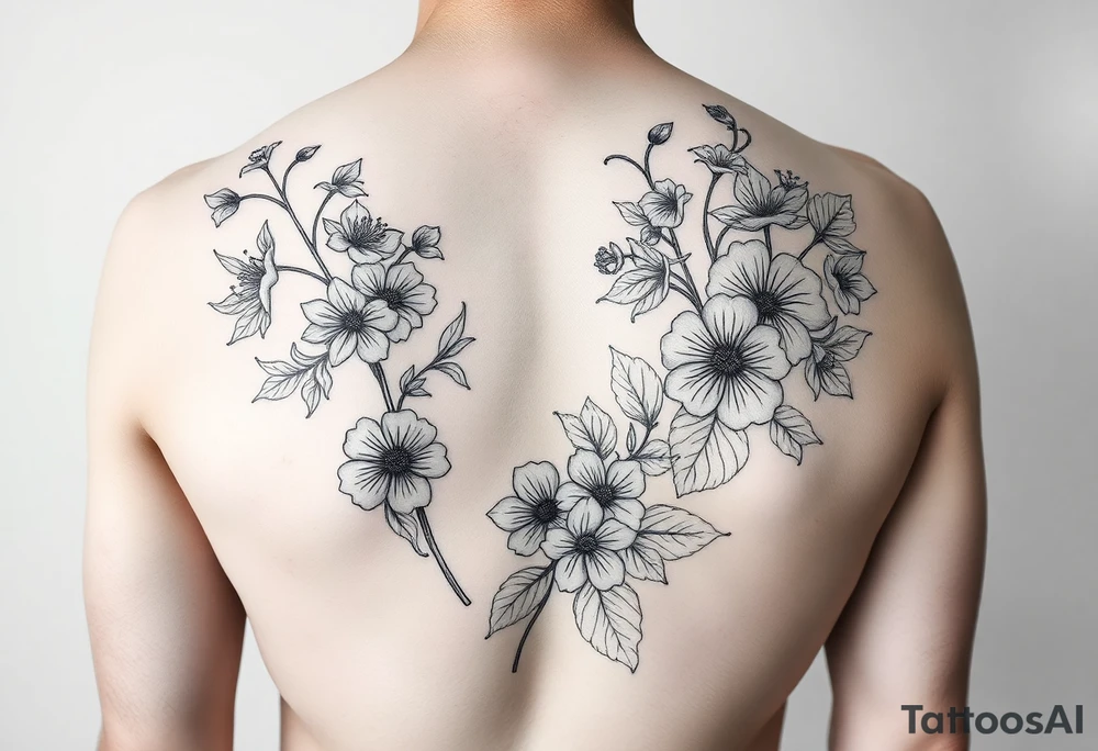 Full sleeve tattoo design of larkspur and hawthorn flowers, highly detailed line art, black ink, elegant botanical style, intertwined composition, no shading, no human mock-up, clean stencil style suitable for tattooing, fit fully within boundaries. LINE ART ONLY, REMOVE HUMAN, NO SKIN tattoo idea