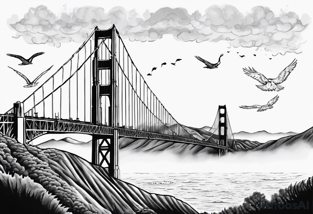 Golden Gate Bridge with fog rolling in with Marin hills in the background tattoo idea