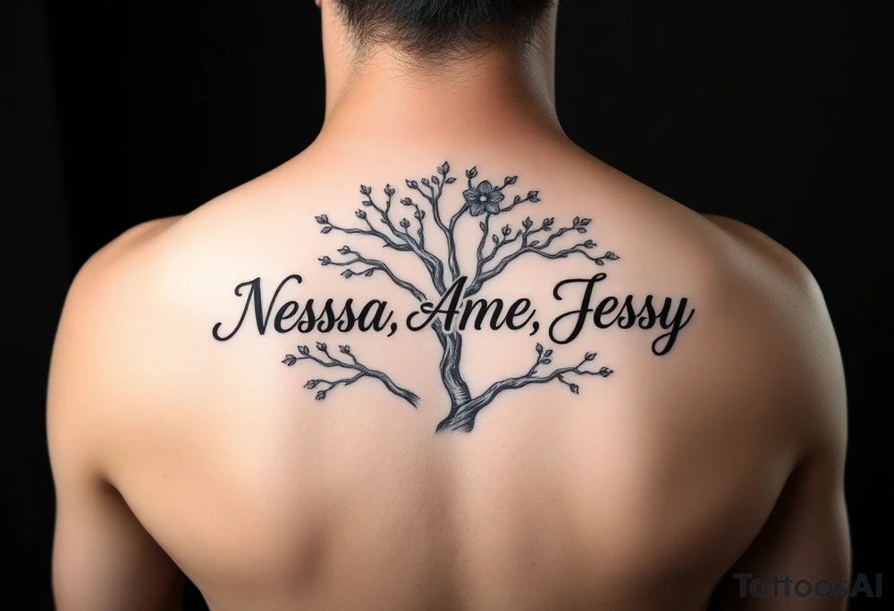 the name Nessa, Anne, Jessy
 on a live tree tattoo idea