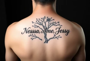 the name Nessa, Anne, Jessy
 on a live tree tattoo idea