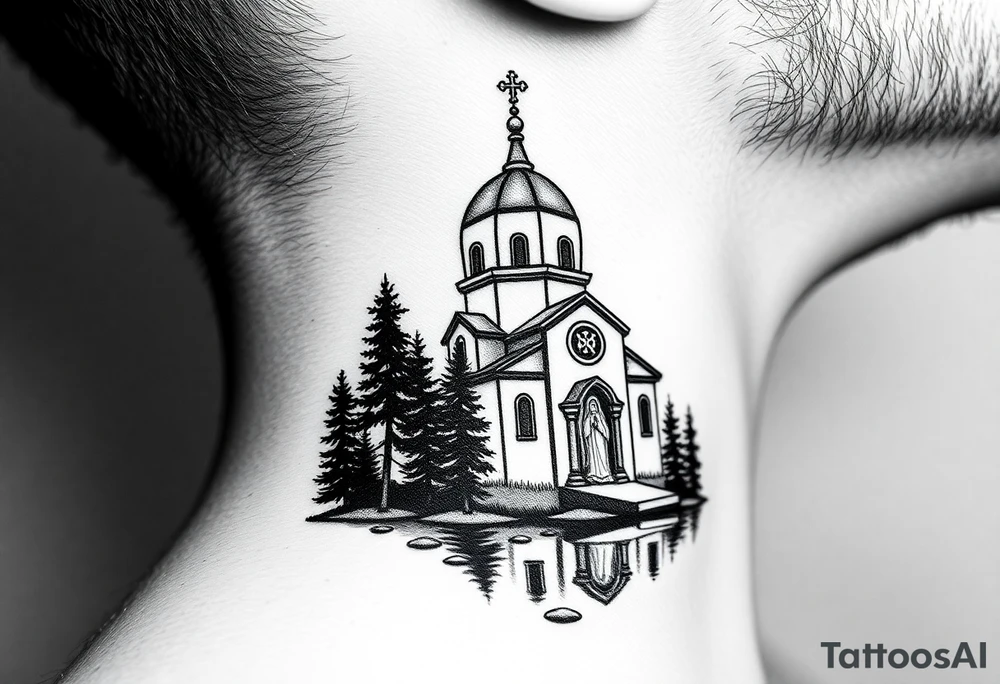 medium sized russian orthodox dome church with a separated virgin mary praying beside a lake and pine trees on the sized of my neck tattoo idea