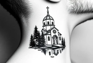 medium sized russian orthodox dome church with a separated virgin mary praying beside a lake and pine trees on the sized of my neck tattoo idea