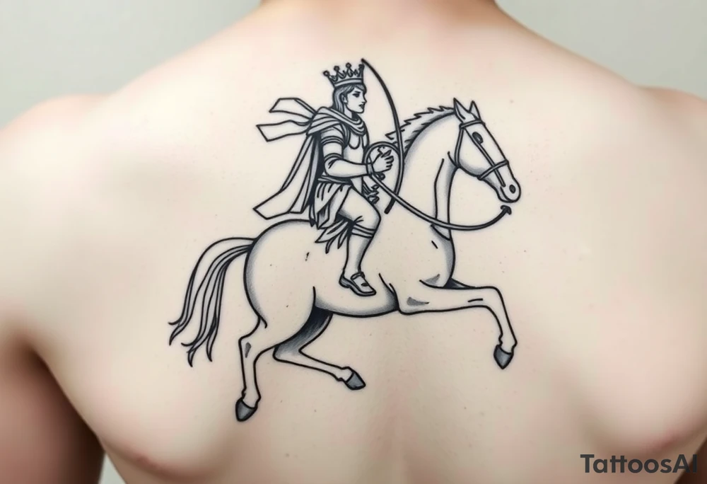 Generate an image of conquest on a white horse. Use this passage from Revelations: "And I saw, and behold a white horse: and he that sat on him had a bow; and a crown was given unto him: and he went forth conquering, and to conquer". Include the rider on a white horse wearing a crown and carrying a bow tattoo idea