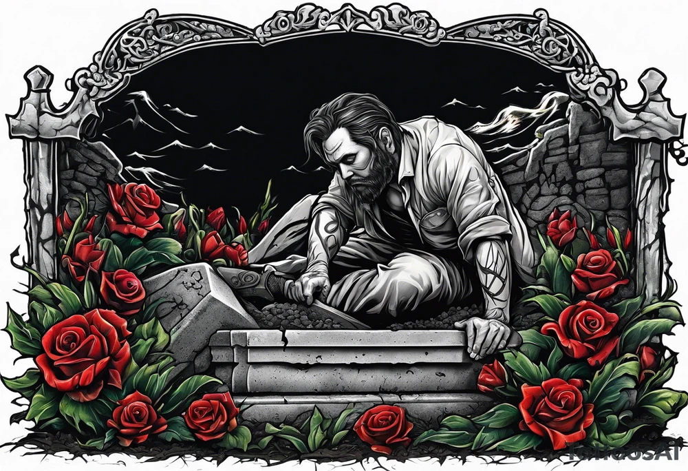 Man crawling out of grave. 
MIW Reincarnate written on gravestone tattoo idea