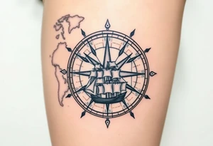 antique compass rose overlaid on weathered world map with sailing ships tattoo idea