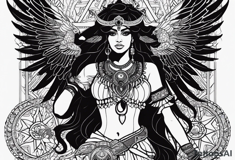 black kali, goddess pirate, alien, pachamama, valkrye, warrior, skull, lotus azul, wing, eagle, zenza resonance, stars, 5D tattoo idea