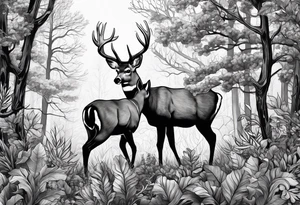 Black and white nature forest with whitetail buck fading through the leaves tattoo idea