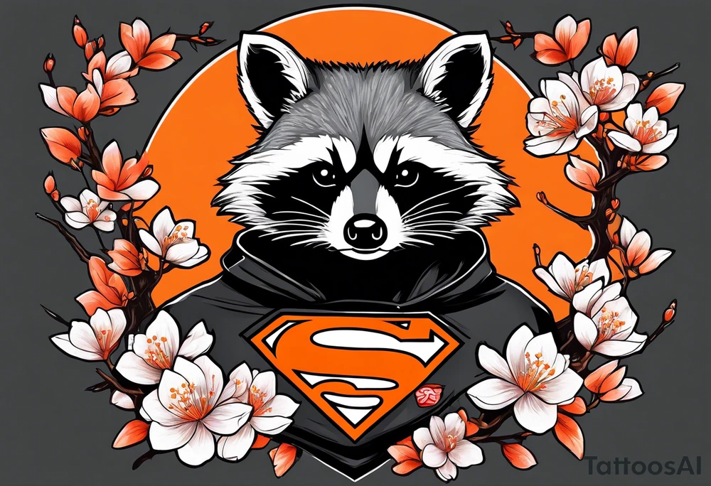 Raccoon wearing a white Superman logo on a black hoodie and orange Japanese cherry blossoms beside tattoo idea