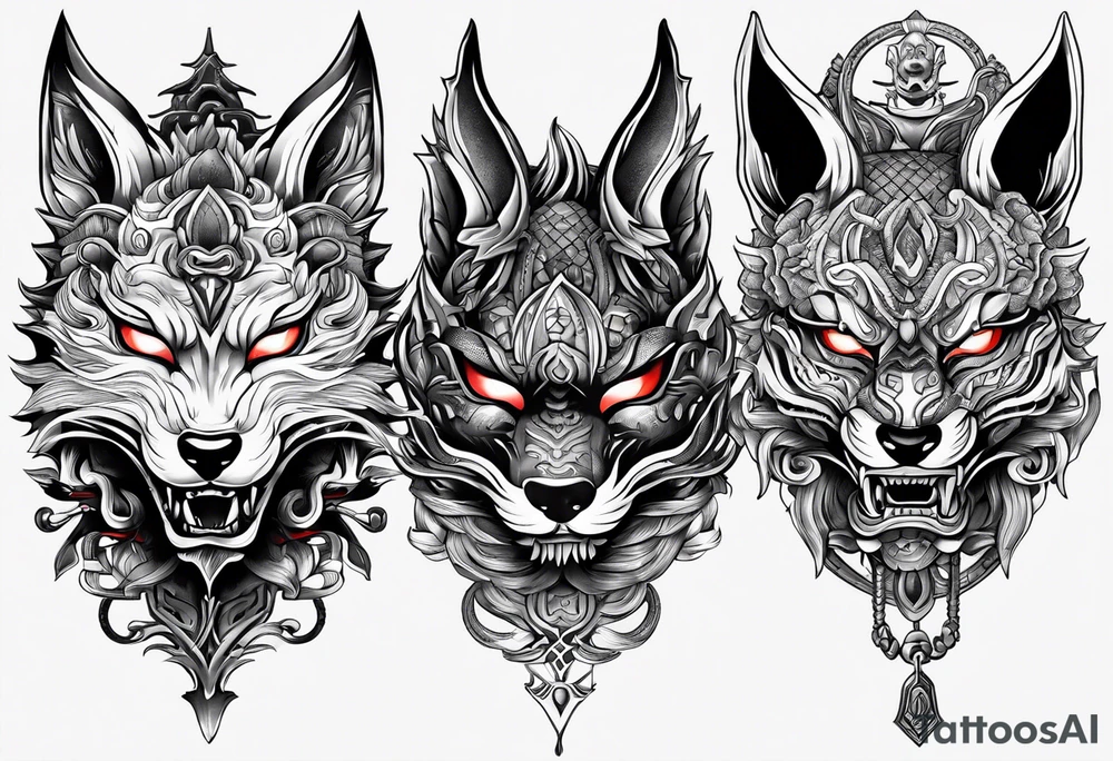Split kitsune and oni mask head tattoo idea