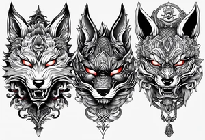 Split kitsune and oni mask head tattoo idea