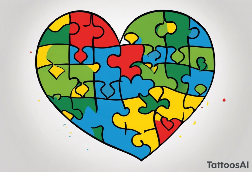 I want a tattoo with the autism puzzle pieces, using the colors blue, yellow, green and red, in the shape of a heart. tattoo idea