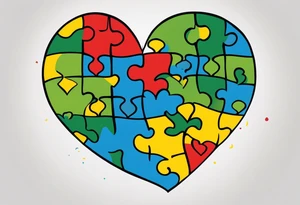 I want a tattoo with the autism puzzle pieces, using the colors blue, yellow, green and red, in the shape of a heart. tattoo idea