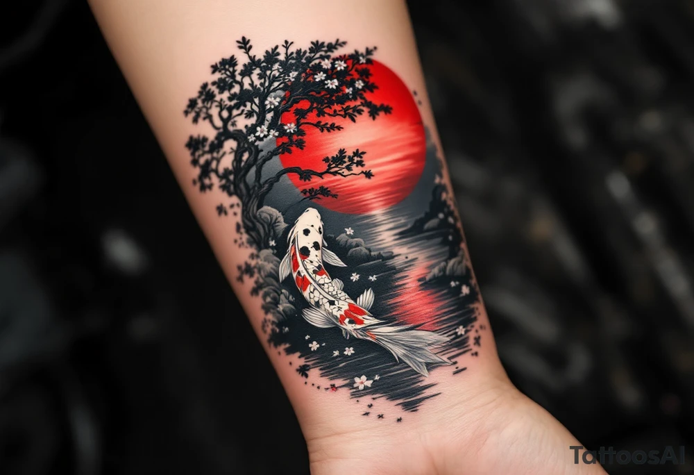 vertical piece
a koi fish swimming UP the stream in a pond moonlight by a red moon with a sakura tree by the pond tattoo idea