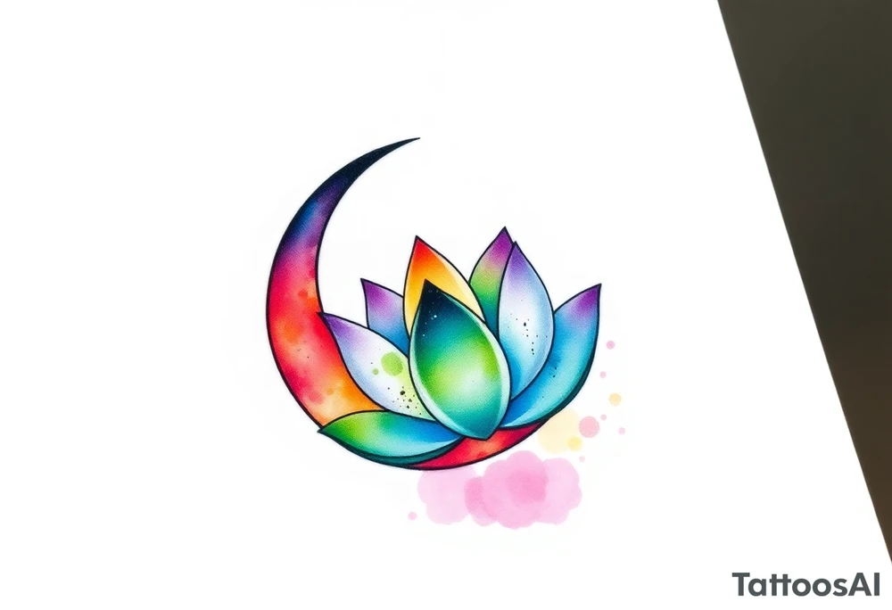 small colorful crescent moon with lotus flower tattoo idea