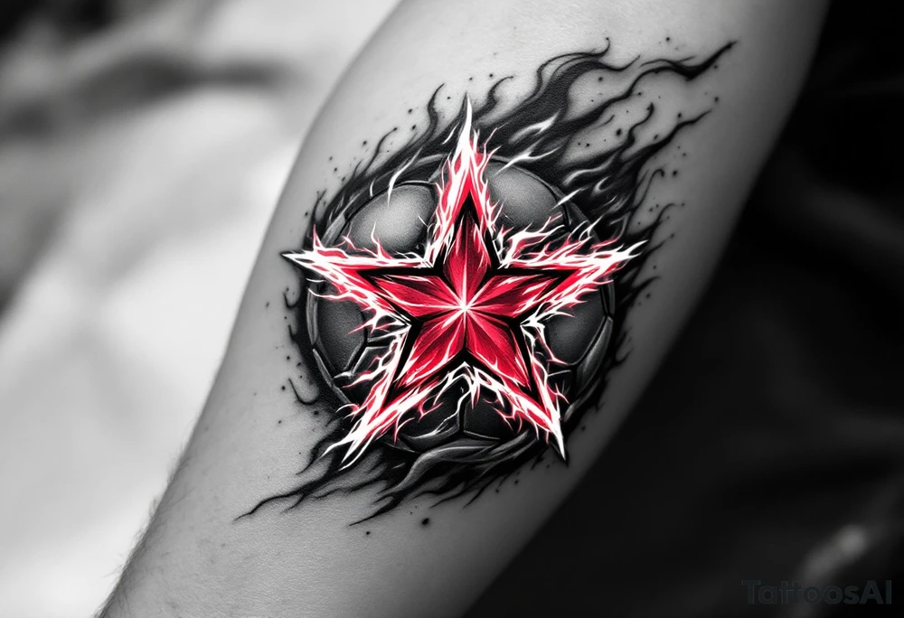 A grayscale soccer ball on fire with red flames that shape the Slavia star. tattoo idea