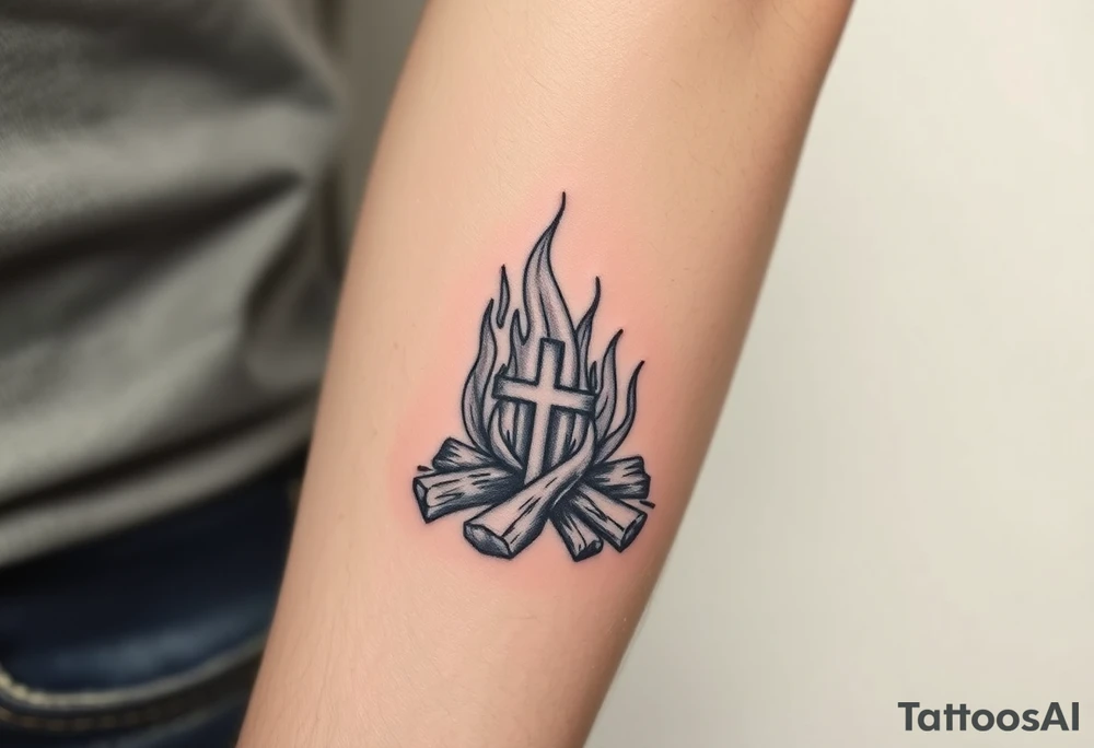 Campfire with a cross hidden in the flames tattoo idea