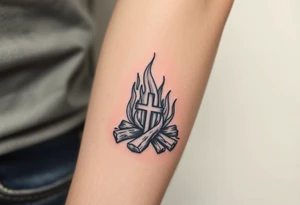 Campfire with a cross hidden in the flames tattoo idea