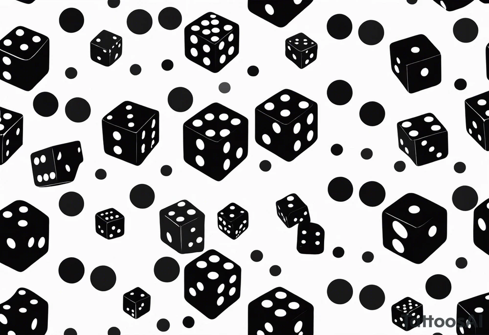 A black-and-white silhouette of multiple dice floating in mid-air, varying in size. The dice are depicted with bold, sharp lines, each featuring simple black dots to represent the pips, with no shading or gradients. The liquid-like substance surrounding the dice is illustrated with abstract, flowing shapes, suggesting motion and fluidity, but kept in stark black and white. The dark background contrasts with the bold black silhouettes, emphasizing the dynamic movement and unpredictability of the scene. The overall composition focuses on the sharp contrast between the dice and the swirling liquid forms, creating a sense of energy and motion through minimalist design. tattoo idea