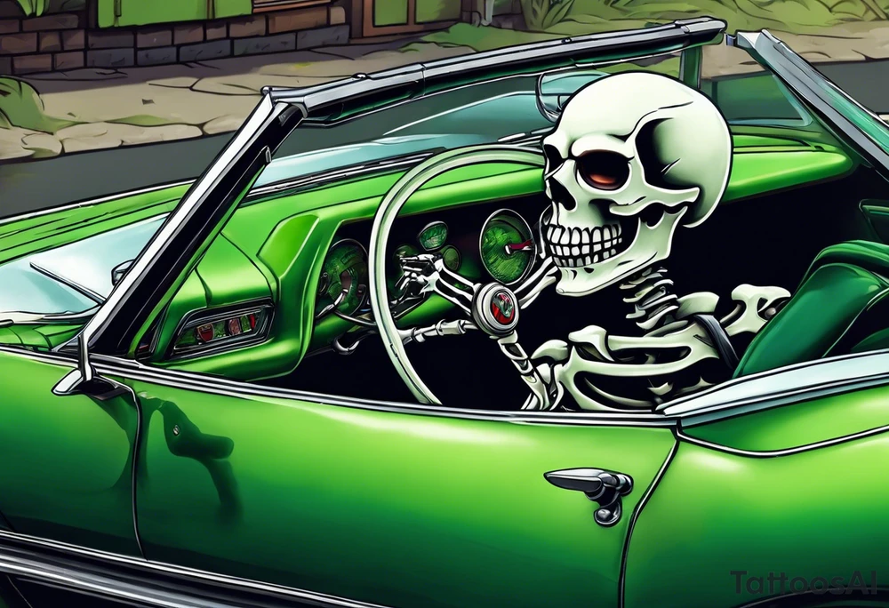 Skeleton smoking a cigarette driving a green 1976 convertible Corvette tattoo idea