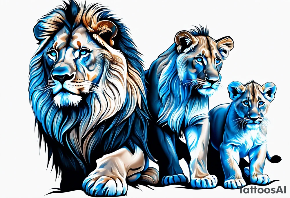 Male father lion with blue eyes. Two male cub lions one with blue eyes and the other brown. Father lion protecting cub lions. tattoo idea