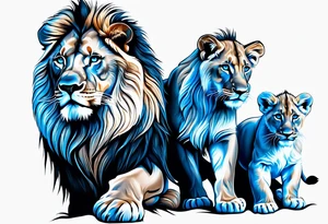 Male father lion with blue eyes. Two male cub lions one with blue eyes and the other brown. Father lion protecting cub lions. tattoo idea