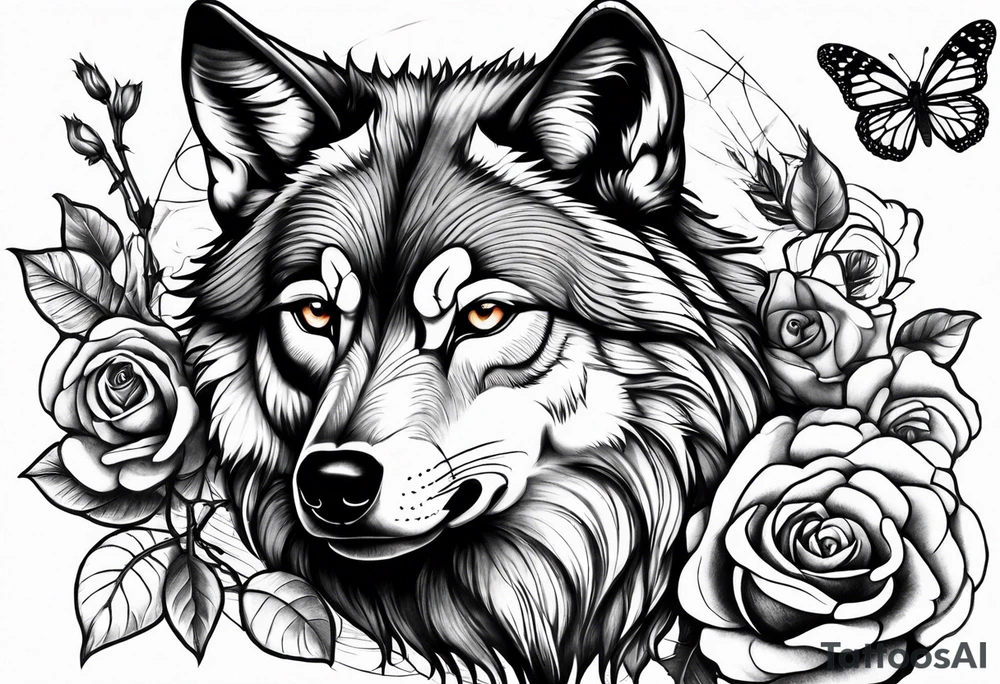 Wolf and rose and butterfly tattoo idea