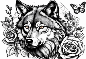 Wolf and rose and butterfly tattoo idea
