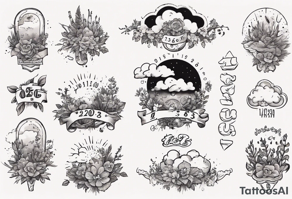 a forearm tattoo with a cloud with little plants and underneath it the date 12.08.05 tattoo idea
