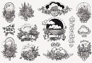 a forearm tattoo with a cloud with little plants and underneath it the date 12.08.05 tattoo idea