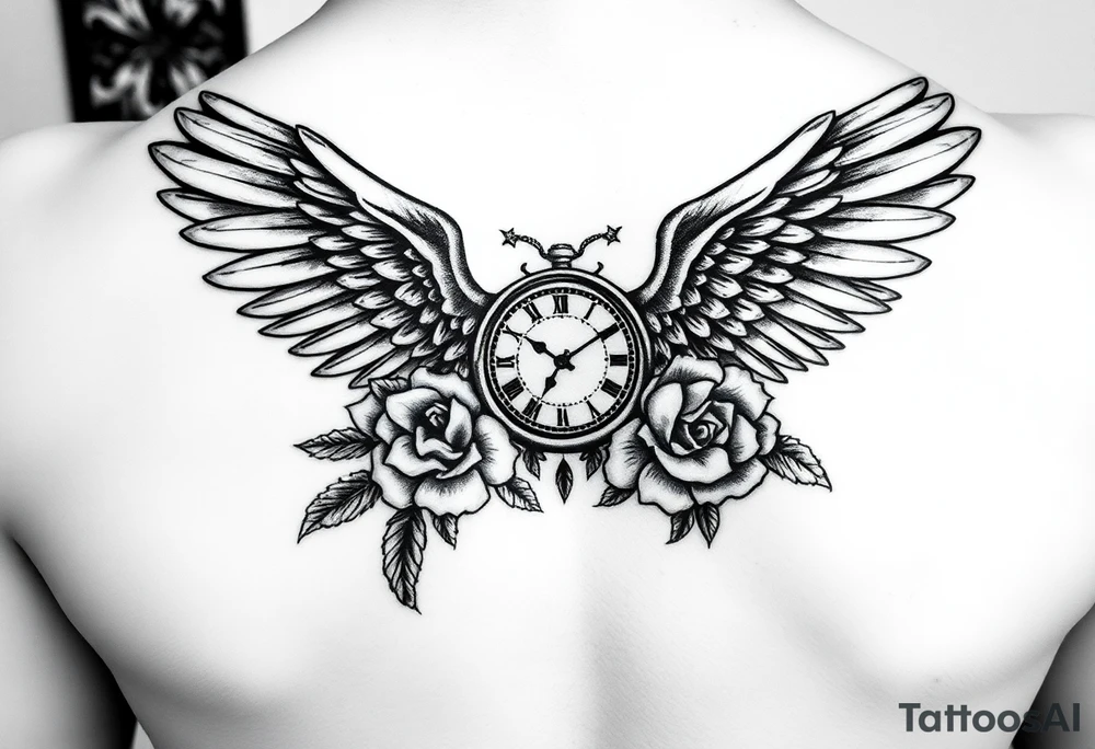 In memory of daddy angel wings and roses with clocks tattoo idea