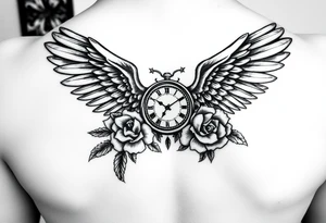 In memory of daddy angel wings and roses with clocks tattoo idea