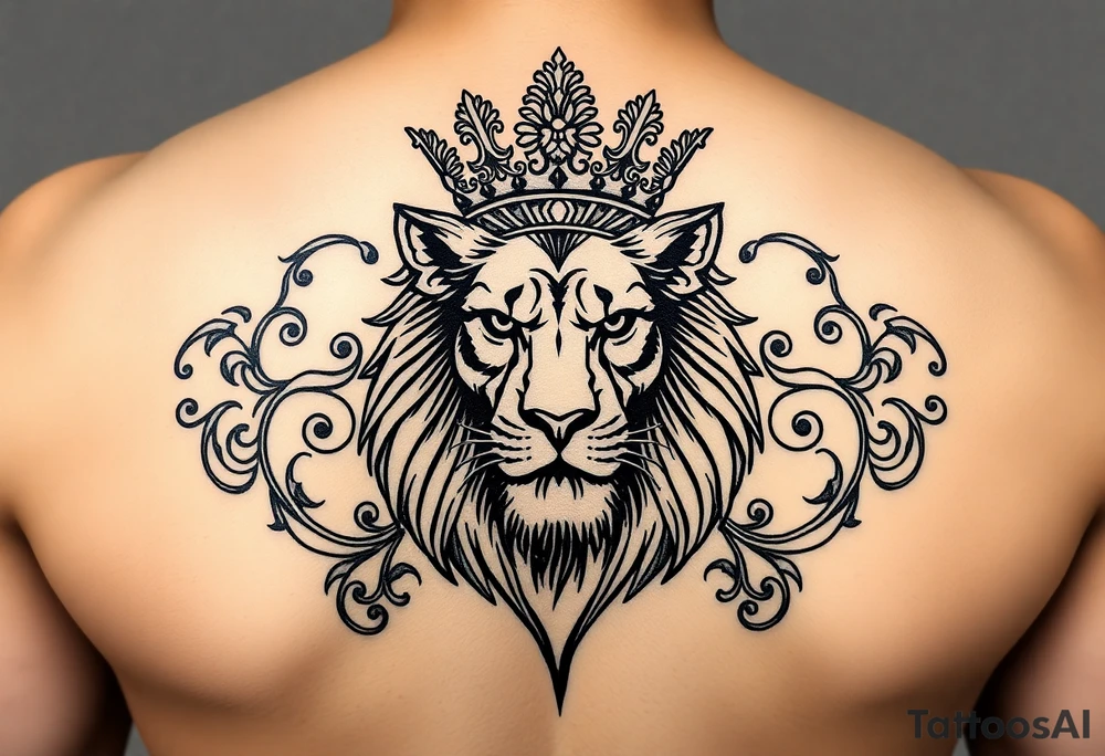 majestic lion wearing ornate crown, surrounded by baroque flourishes tattoo idea