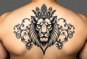 majestic lion wearing ornate crown, surrounded by baroque flourishes tattoo idea