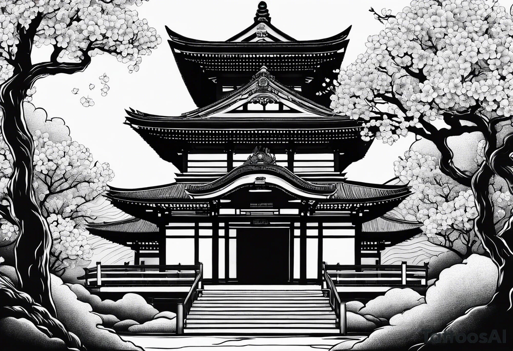 Japanese temple with cherry blossom surrounding tattoo idea