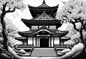 Japanese temple with cherry blossom surrounding tattoo idea
