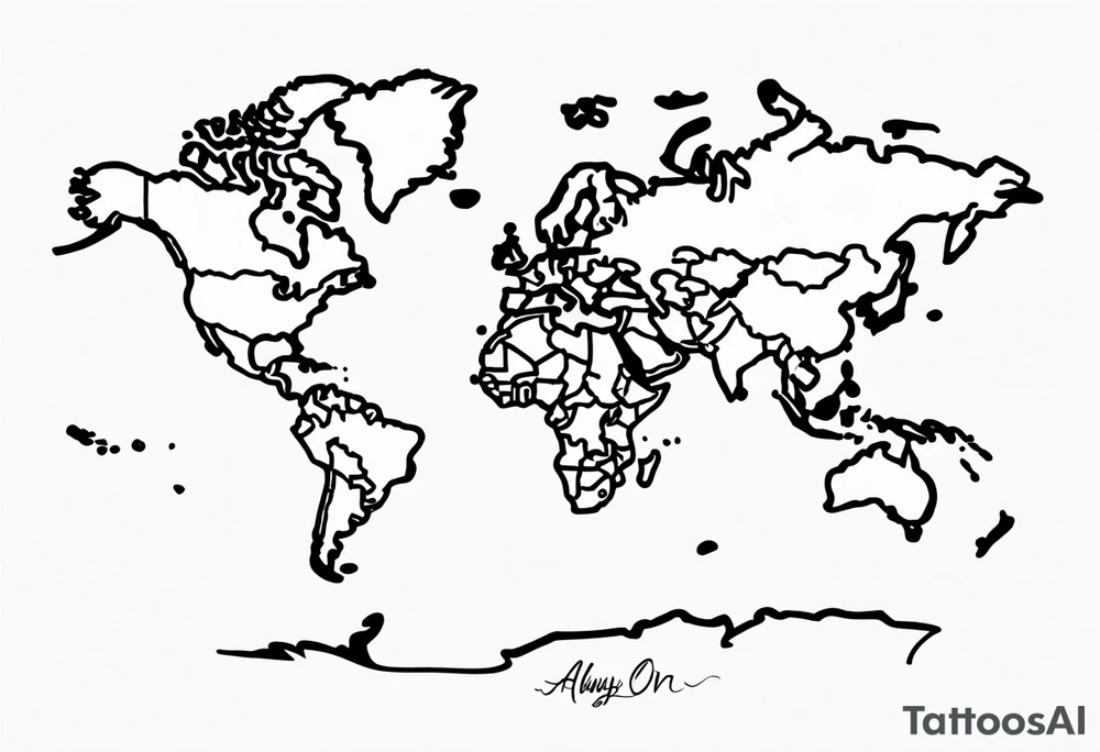 A hand drawn line map of the world, featuring a compass design of n, s, e and w - and incorporating the line "Always Carry On" tattoo idea