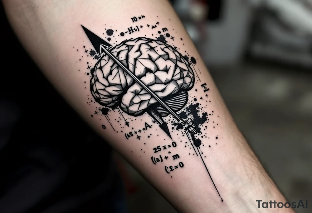 A front-seen brain in geometric and straight lines, math symbols arround. A detailed arrow crosses from below and exit from the top, with its tip desintegrating to represent entropy and watercolor stains spilled from the arrow. Around of the main tattoo, math and physics formulas fill the space, including the formula "ΔS ≥ 0" and the formula "(iδ + m) Φ = 0" tattoo idea