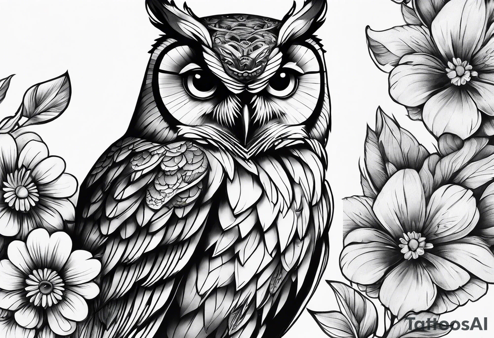 Owl and flowers full arm sleeve tattoo idea