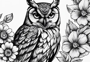 Owl and flowers full arm sleeve tattoo idea