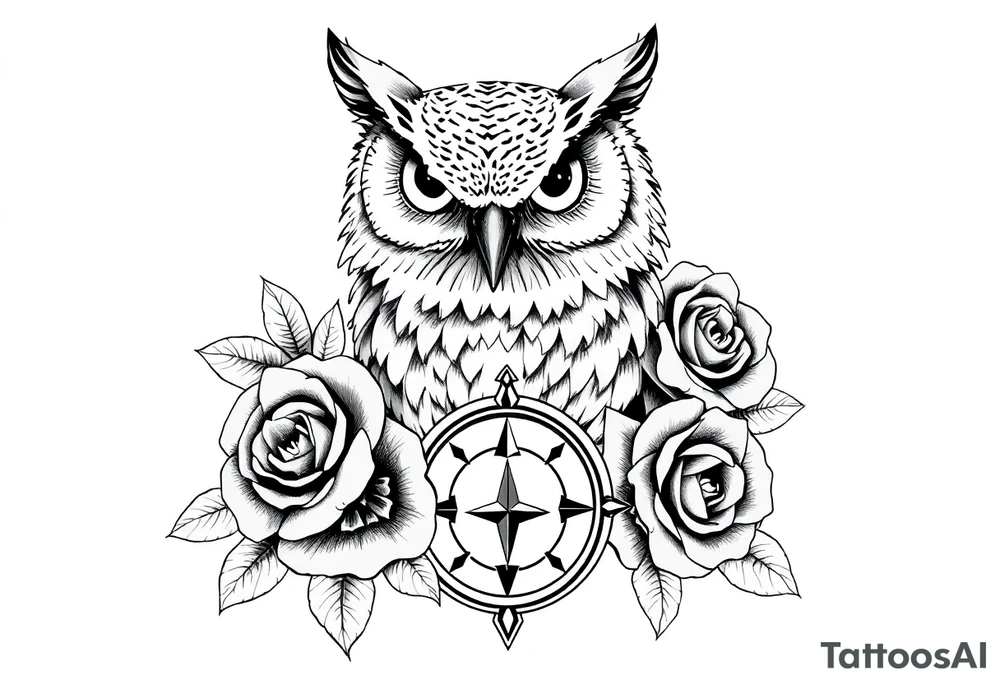 an owl,roses,compass. tattoo idea