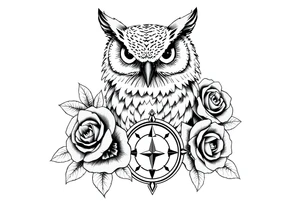 an owl,roses,compass. tattoo idea