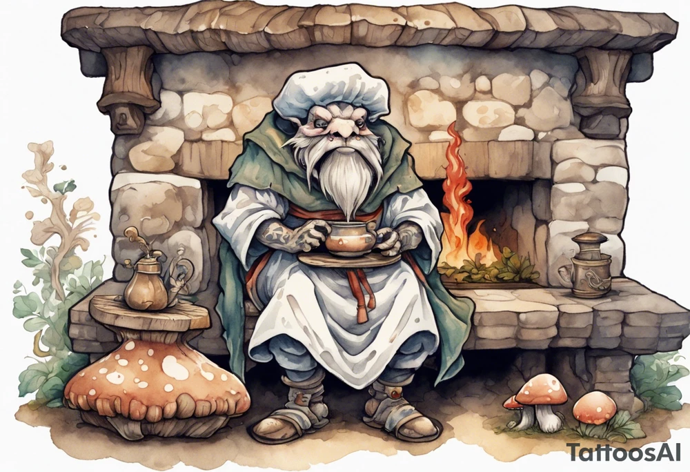 a mushroom-creature wearing a  medieval tunic sitting on a bench by a fireplace drinking from a wood cup, smiling tattoo idea