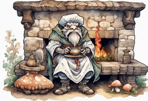 a mushroom-creature wearing a  medieval tunic sitting on a bench by a fireplace drinking from a wood cup, smiling tattoo idea