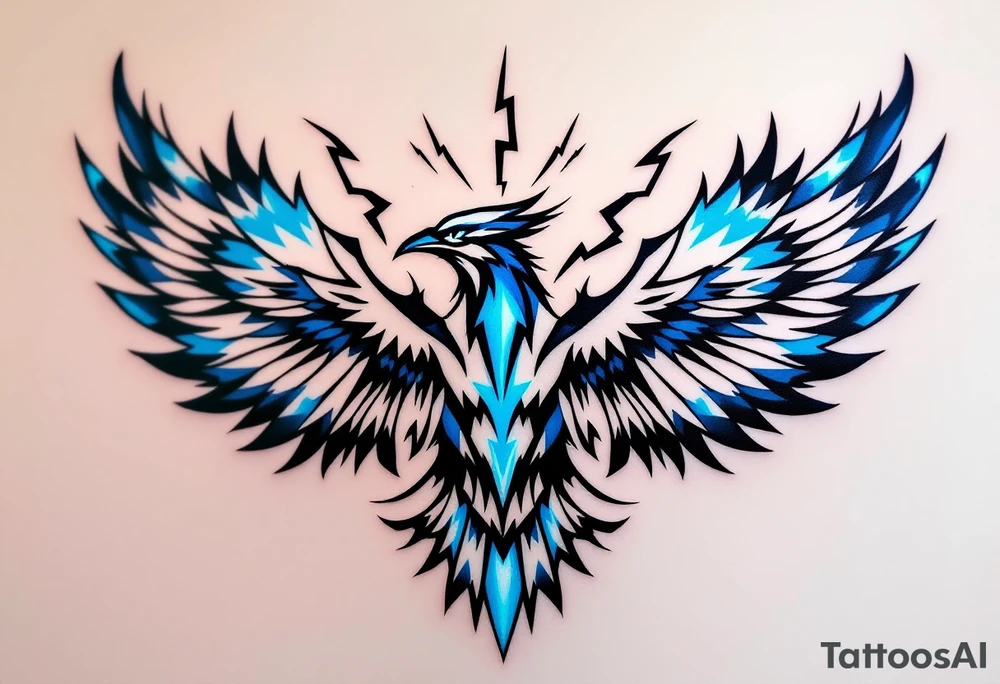 A blue and white thunderbird with lightning motifs and angular tribal lines. tattoo idea