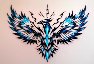 A blue and white thunderbird with lightning motifs and angular tribal lines. tattoo idea